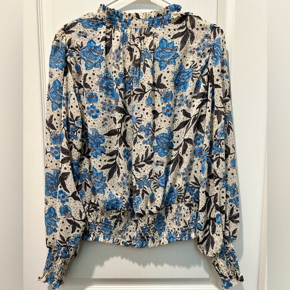 Joie Jaipur Floral Long Sleeve Smocked  Waist & Cuffs Clip Dot Peasant Top - Picture 6 of 10